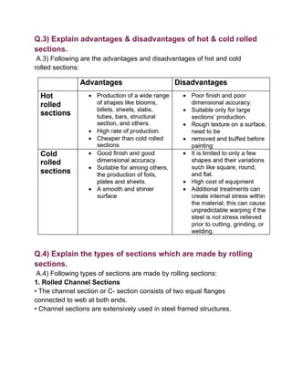Q.3) Explain advantages & disadvantages of hot & cold rolled
sections.
A.3) Following are the advantages and disadvantages of hot and cold
rolled sections:
Q.4) Explain the types of sections which are made by rolling
sections.
A.4) Following types of sections are made by rolling sections:
1. Rolled Channel Sections
• The channel section or C- section consists of two equal flanges
connected to web at both ends.
• Channel sections are extensively used in steel framed structures.
 