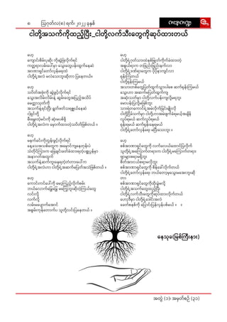 8
အတွဲဲ� (၁)၊ အမှှတ််စဉ်် (၃၁)
ဩဂုုတ််လ(၈) ရက််၊ ၂၀၂၂ ခုုနှှစ််
ငါါတို့့��အသက််ကိုု�ထည့််�ပြီး�း�_ငါါတို့့��လက််သီးး�တွေ�ေကိုု�ဆုုပ််ထားး�တယ််
ဟေ့�့
ကျော�ာ�င်းး�စိိမ်းး�ပုုဆိုးး�� ကိုု�ဆွဲဲ�ဖြဲ�ဲလိုု�က််ရင််
ကတ္တတရာာလမ်းး�ပေါ်�်မှာာ� သွေး�း�တွေ�ေပန်းး�ထွွက််နေ�ဆဲဲ
အာာဏာာရှှင််တော်�်�လှှန််ရေး�းထဲဲ
ငါါတို့့��ရဲ့့�အလံံ မလဲဲသေး�းဘူးး�ဆိုု�တာာ ပြ�နေ�တယ််။
ဟေ့�့
သပိိတ််အဖုံးး��ကိုု� ဆွဲဲ�ဖွွင့််�လိုု�က််ရင််
သွေး�း�အလိိမ်းး�လိိမ်းး�နဲ့့� ဆွွမ်းး�တွေ�ေအပြ�ည့််�အသိိပ််
မေ�တ္တာာ�သုုတ််ကိုု�
အသက််နဲ့့�ရင်းး�ပြီး�း� ရွွတ််ဖတ််သရဇ္ဈဈယ််နေ�ဆဲဲ
ငါ့့�ရှှင််တို့့��
မီးး�မွှေး�း�တဲ့့�မင်းး�ကိုု� ဆုံးး��မပစ််ဖို့့��
ငါါတို့့��ရဲ့့�အလံံက မှော�ာ�က််ထားး�တဲ့့�သပိိတ််ဖြ�စ််တယ်် ။
ဟေ့�့
မနက််ခင်းး�ကိုု�တွွန်းး�ဖွွင့််�လိုု�က််ရင််
နေ့�့သေ�အသစ််တွေ�ေက အမှော�ာ��င််ကျနေ�ေ�တုုန်းး�ပဲဲ
သံံတိုု�င််ကြား�း�က ခြေ�ေချျင်းး�ခတ််ခံံထားး�ရတဲ့့�ပစ္စုု�ပ္ပပန််မှာာ�
အနာာဂတ််အတွွက််
အသက််နဲ့့�ဆက််ကူးး�နေေရတဲ့့�တံံတားး�ပေါ်�်က
ငါါတို့့��ရဲ့့�အလံံဟာာ ငါါတို့့��ရဲ့့�အဆက််မပြ�တ််အသံံဖြ�စ််တယ်် ။
ဟေ့�့
ကော�ာင်းး�ကင််ပေါ်�်ကိုု� မော့�့�ကြ�ည့််�လိုု�က််စမ်းး�
ဘယ််လော�ာက််ခြွေ�ေခြွေ�ေ မကြွေ��ေဘူးး�ဆိုု�တဲ့့�ကြ�ယ််တွေ�ေ
လင်းး�လို့့��
လက််လို့့��
လမ်းး�မပျော�ာ��က််အော�ာင််
အစွွမ်းး�ကုုန််တော�ာက််ပ သူူတို့့��လင်းး�ပြ�နေ�တယ်် ။
uAsmu@
uAsmu@
ဟေ့�့
ငါါတို့့��ရဲ့့�ဂုုတ််သားး�ထဲဲနစ််မြု�ုတ််ကိုု�က််ခဲဲထားး�တဲ့့�
အစွွယ််ရာာက တဖြ�ည်းး�ဖြ�ည်းး�နက််လာာ
ငါါတို့့��ရဲ့့�ဒဏ််ရာာတွေ�ေက ပိုု�ပိုု�နာာကျျင််လာာ
ရုုန်းး�ကြ�တယ််
ငါါတို့့��ရုုန်းး�ကြ�မယ််
အသားး�တစ််တွေ�ေပြ�တ််ထွွက််သွားး��ပါါစေေ ဆက််ရုုန်းး�ကြ�မယ််
သွေး�း�ဟာာ အဆက််မပြ�တ််ထွွက််ကျျ
အဆုံးး��သတ််မှာာ� ငါါတို့့��လက််ပန်းး�ကျျလို့့��မရဘူးး�
မော�ာပန်းး�ပြ�လို့့��မဖြ�စ််ဘူးး�
သားး�ရဲဲတကော�ာ�င််ရဲ့့�အမဲဲလိုု�က််ခြ�င်းး�မျိုးး���လိုု�
ငါါတို့့��ငြိ�ိမ််သက််မှာာ� ငါါတို့့��ဟာာအမဲဲဖျျက််ခံံရမယ့််�အချိိ�န််
လှုုပ််ရမယ်် ဆက််လှုုပ််ရမယ််
ရုုန်းး�ရမယ်် ဆက််ရုုန်းး�နေေရမယ််
ငါါတို့့��ရဲ့့�တော်�်�လှှန််ရေး�း မပြီး�း�သေး�းဘူးး� ။
ဟေ့�့
စစ််အာာဏာာရှှင််တွေ�ေကိုု� လက််ခလယ််ထော�ာင််ပြ�လိုု�က််
သူူတို့့��ရဲ့့�အကြော��ာ�က််တရား�းက ငါါတို့့��ရဲ့့�မကြော���ာက််တရား�း
ဗျာ�ာများ�း�စရာာမရှိိ�ဘူးး�
စိိတ််အားး�ငယ််စရာာမလိုု�ဘူးး�
စစ််အာာဏာာရှှင််တွေ�ေကိုု� စိိန််ခေါ်�်လိုု�က််တယ််
ငါါတို့့��ရဲ့့�တော်�်�လှှန််ရေး�း ဘယ််တော့�့�မှသွေး���း�မအေး��းဘူးး�ဆိုု�
တာာ
စစ််အာာဏာာရှှင််တွေ�ေကိုု�ထိုးး��ခွဲဲ�မလို့့��
ငါါတို့့��ရဲ့့�အသက််တွေ�ေထည့််�ပြီး�း�
ငါါတို့့��ရဲ့့�လက််သီးး�တွေ�ေကိုု�ဆုုပ််ထားး�လိုု�က််တယ််
ဟော့�့�ဒီီမှာာ� ငါါတို့့��ရဲ့့�ဒေါ�ါင်းး�အလံံ
ခေ�တ််စနစ််ကိုု� ပြော��ာင်းး�ပြ�န််လှှန််ပစ််မယ်် ။ ။
နေေသုုခ(မြ�စ််ကြီး�း�နား�း)
 
