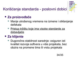 Korišćenje standarda - poslovni dobici
 Za




Manje utrošenog vremena na izmene i otklanjanje
defekata
Pristup tržištu koje ima visoke standarde za
dobavljače

 Za


proizvođače

klijente

Dugoročna stabilnost saradnje: osiguran isti
kvalitet razvoja softvera u više projekata, bez
obzira na promene tima ili vrstu projekata
34/35

 