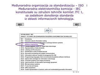Međunarodna organizacija za standardizaciju – ISO
Međunarodna elektrotenhička komisija - IEC
konstituisale su združeni tehnički komitet JTC 1,
sa zadatkom donošenje standarda
iz oblasti informacionih tehnologija.

9/35

i

 