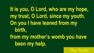 It is you, O Lord, who are my hope,
my trust, O Lord, since my youth.
On you I have leaned from my
birth,
from my mother’s womb you have
been my help.
The Psalm
 