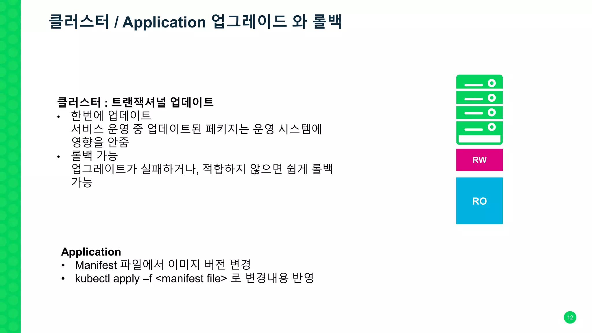 12
클러스터 : 트랜잭셔널 업데이트
• 한번에 업데이트
서비스 운영 중 업데이트된 페키지는 운영 시스템에
영향을 안줌
• 롤백 가능
업그레이트가 실패하거나, 적합하지 않으면 쉽게 롤백
가능
RW
RO
Application
• Manifest 파일에서 이미지 버전 변경
• kubectl apply –f <manifest file> 로 변경내용 반영
클러스터 / Application 업그레이드 와 롤백
 