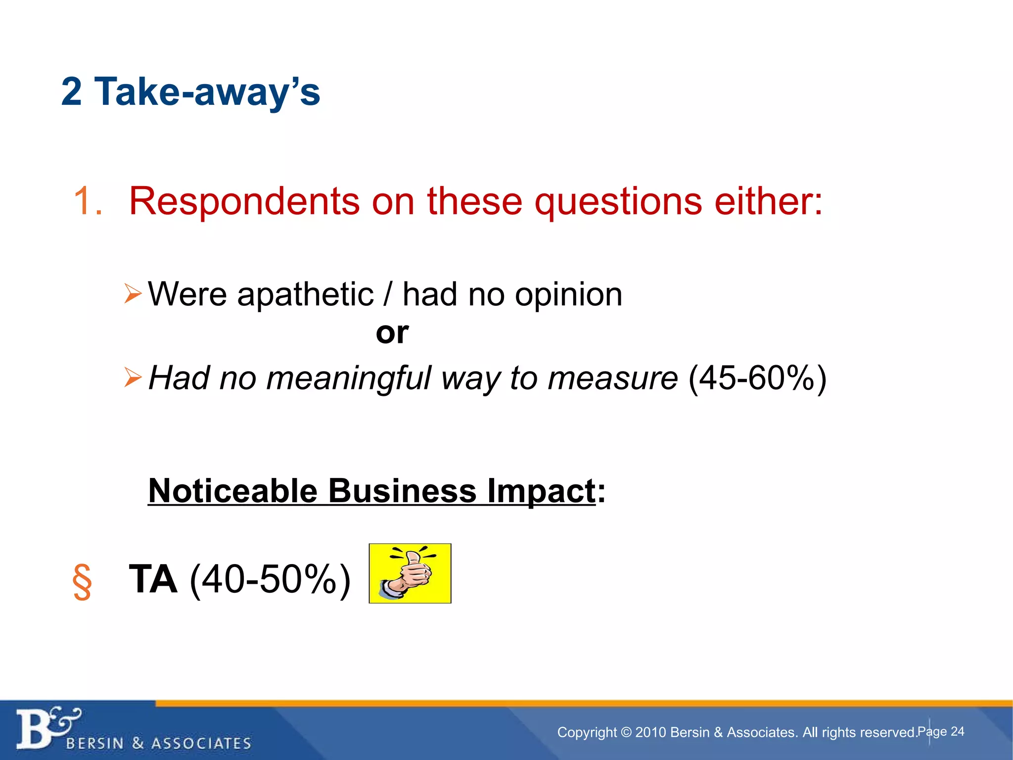 Respondents on these questions either:   Were apathetic / had no opinion or Had no meaningful way to measure  (45-60%) Noticeable Business Impact : TA  (40-50%) 2 Take-away’s 