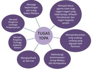 TUGAS
YDPA
Menjaga
kepentingan
sah orang
bukan Melayu
Menjadi ketua
agama Islam bagi
negeri-negeri yang
tidak beraja, Wilayah
Persekutuan dan
negeri baginda
sendiri
Memperkenankan
rang undang-
undang yang
digubal oleh
Parlimen
Melindungi
keistimewaan
orang Melayu
dan Bumiputera
Mengisytihark
an darurat
Menjadi
Panglima
Tertinggi
Angkatan
Tentera
Menjadi
Pengerusi
Lembaga
Pengampunan
 