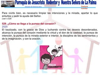 Diócesis de Asidonia-Jerez Pastoral
Familiar
Para vivirlo bien, es necesario limpiar las intenciones y la mirada, apartar lo que
enturbia y pedir la ayuda del Señor.
Leer n.529
529. ¿Cómo se llega a la pureza del corazón?
2520
El bautizado, con la gracia de Dios y luchando contra los deseos desordenados,
alcanza la pureza del corazón mediante la virtud y el don de la castidad, la pureza de
intención, la pureza de la mirada exterior e interior, la disciplina de los sentimientos y
de la imaginación, y con la oración.
 