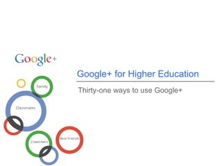Google+ for Higher Education
Thirty-one ways to use Google+
 