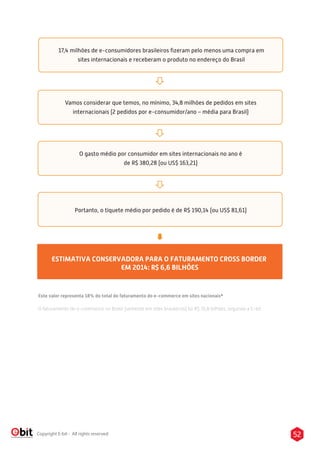 52Copyright E-bit - All rights reserved
Vamos considerar que temos, no mínimo, 34,8 milhões de pedidos em sites
internacionais (2 pedidos por e-consumidor/ano – média para Brasil)
O gasto médio por consumidor em sites internacionais no ano é
de R$ 380,28 (ou US$ 163,21)
Portanto, o tíquete médio por pedido é de R$ 190,14 (ou US$ 81,61)
ESTIMATIVA CONSERVADORA PARA O FATURAMENTO CROSS BORDER
EM 2014: R$ 6,6 BILHÕES
Este valor representa 18% do total do faturamento do e-commerce em sites nacionais*
O faturamento do e-commerce no Brasil (somente em sites brasileiros) foi R$ 35,8 bilhões, segundo a E-bit
17,4 milhões de e-consumidores brasileiros ﬁzeram pelo menos uma compra em
sites internacionais e receberam o produto no endereço do Brasil
 
