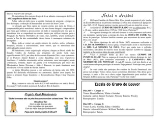 falar da boa nova de salvação.
Os metodistas têm enorme desejo de levar adiante a mensagem de Cristo
- O Evangelho do Reino de Deus.
Sobre cada um deles pesa a urgente chamada de anunciar, a tempo ou
fora de tempo, a redenção da humanidade por meio de Jesus Cristo.
A salvação que Deus opera no coração crente, por meio de Cristo, é
compreendida pelos metodistas, todavia, de uma forma integral: compreendem
que Deus quer redimir a pessoa como um todo; é exatamente por isso que os
metodistas têm se empenhado no mundo inteiro por edificar templos para a
Pregação da Palavra libertadora de Deus, mas, também, criam instituições
sociais, a fim de dar continuidade, desta forma, à mensagem redentora do
Evangelho.
Hoje, pode-se contar um amplo número de creches, asilos, orfanatos,
hospitais, escolas e universidades, entre outros, que os metodistas têm
edificado pelo mundo inteiro.
O Metodismo, como organização religiosa, chegou ao Brasil vindo dos
Estados Unidos da América em princípios do século XIX, mais
especificamente 1835, por obra do Reverendo Fountain Pitts; a este somaram-
se os Pastores Daniel Kidder e Justin Spaulding com seus respectivos
familiares. O trabalho missionário sofreu, entretanto, uma interrupção, sendo
continuado, somente, depois da guerra civil norteamericana por meio dos
Missionários Junius Newman e João J. Ramson, os quais fundaram uma
missão em 1876 na cidade do Rio de Janeiro.
A Igreja Metodista passou a ser autônoma da Igreja mãe em 1930,
quando foi declarada oficialmente sua autonomia. Quatro anos depois, foi
eleito o primeiro bispo brasileiro: o Reverendíssimo Bispo César Dacorso
Filho.
Quanto somos?
Hoje, contam-se cerca de mais de 120 mil metodistas em todo o Brasil,
dos quais 53 mil residem na área do Estado do Rio de Janeiro.
Projeto Real Missionário
“Quão formosos são os pés dos que anunciam coisas boas.” Rm 10:15
Missão se faz:
Com os pés dos que vão.
Com os joelhos do que oram.
Com as mãos dos que contribuem!!!
Faça parte deste projeto de Deus!!!
Escala do Grupo de Louvor
Dia 20/5 – (Grupo 1)
Vozes: Renata Barros, Vânia e Juninho
Guitarra: Airton Júnior/ Teclado: Alisson/ Bateria: Wesley
Retroprojetor: Camila
Dia 23/5 – (Grupo 2)
Vozes: Luzia, Vanilda, Edna e Andréia
Bateria: Alisson/ Guitarra: Willian/ Teclado: Alexandre
Retroprojetor: Laisla
Notas e Avisos
O Grupo Familiar do Bairro Bela Vista estará responsável pelo lanche
da Escola Dominical no próximo domingo (23/5) e pela zeladoria da Igreja nos
dias 20/5 e 23/5. Fiquem atentos à escala que está fixada no mural de avisos.
A reunião do CURSO DE DISCIPULADO com as adolescentes de 12
a 18 anos será na quarta-feira (19/5) às 19:00 horas. Participe!!!
No segundo domingo de cada mês durante o culto estaremos realizando
um momento especial para a entrega dos itens da CESTA DO AMOR. Não
deixe de participar. Existem famílias carentes que necessitam de nossa ajuda!
Doe com amor!
No último domingo do mês de Maio (30/5) estaremos realizando o
CULTO DE MISSÕES na nossa Igreja, comemorando assim o encerramento
do MÊS DAS MISSÕES NA IMEL. Você que ainda tem o cofrinho
missionário, não deixe de trazê-lo neste dia tão especial! Lembre-se: Missões
também se faz com as mãos dos que contribuem!
Você é pontual? Então já deve ter muitos CUPONS DE
PONTUALIDADE! Não se esqueça de trazê-los no último domingo do mês
de Maio (30/5), pois estaremos encerrando a 2ª CAMPANHA: SOU
METODISTA! SOU PONTUAL! A cada 15 cupons, você tem direito a um
cartão numerado para participar do sorteio! Seja pontual! Participe com grande
alegria!
Se você ainda não participa dos estudos da Escola Dominical, não
perca mais tempo. Temos várias classes com temas diferentes. Não deixe que o
cansaço, o sono, o frio ou a chuva sejam impedimentos para usufruir das
bênçãos de Deus para sua vida. Participe! Você é bem vindo!
 