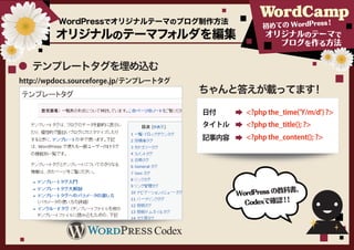 WordPressでオリジナルテーマのブログ制作方法                      ！
                                    初めての WordPress
  オリジナルのテーマフォルダを編集                  オリジナルのテーマで
                                       ブログを作る方法


テンプレートタグを埋め込む

                        ちゃんと答えが載ってます！




                                            書、
                               WordPress の教科
                                 Codexで確認！ ！



                Codex
 