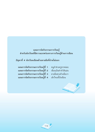 แผนการจัดกิจกรรมการเรียนรู้
    สำาหรับนักเรียนที่มีความบกพร่องทางการเรียนรู้ด้านการเขียน

ปัญหาที่ 4 นักเรียนเขียนด้วยลายมือที่อ่านไม่ออก

  แผนการจัดกิจกรรมการเรียนรู้ที่   1   หนูจ๋าช่วยครูหาหน่อย
  แผนการจัดกิจกรรมการเรียนรู้ที่   2   เขียนเป็นคำาจำาให้แม่น
  แผนการจัดกิจกรรมการเรียนรู้ที่   3   ลายมือสวยด้วยมือเรา
  แผนการจัดกิจกรรมการเรียนรู้ที่   4   เด็กไทยตั้งใจเขียน




                               114
 