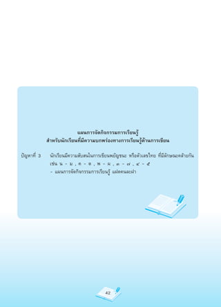 แผนการจัดกิจกรรมการเรียนรู้
            สำาหรับนักเรียนที่มีความบกพร่องทางการเรียนรู้ด้านการเขียน

ปัญหาที่	3		 นักเรียนมีความสับสนในการเขียนพยัญชนะ	หรือตัวเลขไทย	ที่มีลักษณะคล้ายกัน
	       	    เช่น	น	-	ม	,	ค	-	ด	,	พ	-	ผ	,	๓	-	๗	,	๔	-	๕
	       	    -	แผนการจัดกิจกรรมการเรียนรู้	แฝดคนละฝา




                                        42
 