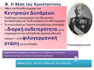 ▲ Ποια επιχειρήματα χρησιμοποιεί ο Βενιζέλος για να
πείσει τον βασιλιά για την ανάγκη συμμαχίας με την
Αντάντ;

 