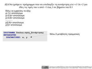 ΔΣ4.Να γράψετε πρόγραμμα που να υπολογίζει τη συνάρτηση y(x)=x 2-3x+2 για
           όλες τις τιμές του x από –1 έως 3 σε βήματα του 0.1
 Θέλω να εμφανίσω τα εξής:
 y(-1)= αποτέλεσμα
 y(-0,9)= αποτέλεσμα
 y(-0,8)= αποτέλεσμα
 ............
 y(2,9)= αποτέλεσμα
 y(3)= αποτέλεσμα


ΠΡΟΓΡΑΜΜΑ Υπολογισμός_Συνάρτησης
ΜΕΤΑΒΛΗΤΕΣ                              Θέλω 2 μεταβλητές πραγματικές
  ΠΡΑΓΜΑΤΙΚΕΣ: x, y




                                        Σημειώσεις για το μάθημα ΑΕΠΠ της Γ Λυκείου από τον δημιουργό Αρβανιτάκη Γιάννη διατίθεται με την
                                       άδεια Creative Commons Αναφορά Δημιουργού - Μη Εμπορική Χρήση - Παρόμοια Διανομή 3.0 Ελλάδα .
 