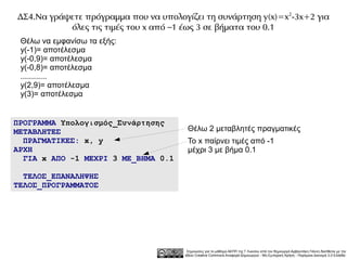 ΔΣ4.Να γράψετε πρόγραμμα που να υπολογίζει τη συνάρτηση y(x)=x 2-3x+2 για
           όλες τις τιμές του x από –1 έως 3 σε βήματα του 0.1
 Θέλω να εμφανίσω τα εξής:
 y(-1)= αποτέλεσμα
 y(-0,9)= αποτέλεσμα
 y(-0,8)= αποτέλεσμα
 ............
 y(2,9)= αποτέλεσμα
 y(3)= αποτέλεσμα


ΠΡΟΓΡΑΜΜΑ Υπολογισμός_Συνάρτησης
ΜΕΤΑΒΛΗΤΕΣ                              Θέλω 2 μεταβλητές πραγματικές
  ΠΡΑΓΜΑΤΙΚΕΣ: x, y                     Το x παίρνει τιμές από -1
ΑΡΧΗ                                    μέχρι 3 με βήμα 0.1
  ΓΙΑ x ΑΠΟ -1 ΜΕΧΡΙ 3 ΜΕ_ΒΗΜΑ 0.1

  ΤΕΛΟΣ_ΕΠΑΝΑΛΗΨΗΣ
ΤΕΛΟΣ_ΠΡΟΓΡΑΜΜΑΤΟΣ




                                        Σημειώσεις για το μάθημα ΑΕΠΠ της Γ Λυκείου από τον δημιουργό Αρβανιτάκη Γιάννη διατίθεται με την
                                       άδεια Creative Commons Αναφορά Δημιουργού - Μη Εμπορική Χρήση - Παρόμοια Διανομή 3.0 Ελλάδα .
 