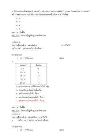 3. นักเรียนกลุ่มหนึ่งจานวน40 คนสอบวิชาคณิตศาสตร์ได้คะแนนสูงสุด 97 คะแนน คะแนนต่าสุด 45 คะแนนถ้า
สร้างตารางแจกแจงความถี่ให้มีความกว้างของอันตรภาคชั้นเป็น8 จะสร้างได้กี่ชั้น
ก. 6
ข. 7
ค. 8
ง. 9
มาตรฐาน / ตัวชี้วัด
ค 5.1 ม.3/3 นาเสนอข้อมูลในรูปแบบที่เหมาะสม
ระดับการวัด
( ) ความรู้ความจา ( ) ความเข้าใจ ( / ) การนาไปใช้
( ) วิเคราะห์ ( ) สังเคราะห์ ( ) ประเมินค่า
ระดับความยาก
( ) ง่าย ( ) ปานกลาง ( ) ยาก
4.
คะแนน จานวน
5 -9
10 - 14
15 - 19
20 - 24
25 - 29
3
5
10
12
10
จากตารางแจกแจงความถี่ที่กาหนดให้ ข้อใดผิด
ก. ความกว้างทุกอันตรภาคชั้นเป็น 5
ข. จุดกึ่งกลางของชั้นที่ 3 คือ 17
ค. ขอบล่างของอันตรภาคชั้นที่ 1 คือ 4.5
ง. ขอบบนของอันตรภาคชั้นที่ 4 คือ 25.5
มาตรฐาน / ตัวชี้วัด
ค 5.1 ม.3/3 นาเสนอข้อมูลในรูปแบบที่เหมาะสม
ระดับการวัด
( ) ความรู้ความจา ( ) ความเข้าใจ ( ) การนาไปใช้
( / ) วิเคราะห์ ( ) สังเคราะห์ ( ) ประเมินค่า
ระดับความยาก
( ) ง่าย ( ) ปานกลาง ( ) ยาก
 