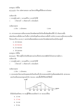 มาตรฐาน / ตัวชี้วัด
ค 5.1 ม.3/4 อ่าน แปลความหมาย และวิเคราะห์ข้อมูลที่ได้จากการนาเสนอ
ระดับการวัด
( ) ความรู้ความจา ( ) ความเข้าใจ ( ) การนาไปใช้
( /) วิเคราะห์ ( ) สังเคราะห์ ( ) ประเมินค่า
ระดับความยาก
( ) ง่าย ( ) ปานกลาง ( ) ยาก
10. ตารางแจกแจงความถี่คะแนนสอบวิชาคณิตศาสตร์นักเรียนชั้นมัธยมศึกษาปีที่3 มี 5 อันตรภาคชั้น
แต่ละอันตรภาคชั้นมีความกว้างเป็น 5 เท่ากันถ้าจุดกึ่งกลางอันตรภาคชั้นที่ 3 เท่ากับ 24 และความถี่จากคะแนนน้อย
ไปหามาก คือ 4, 6,8,10,12 จงหาค่าเฉลี่ยเลขคณิตคะแนนสอบวิชาคณิตศาสตร์ของนักเรียนกลุ่มนี้
ก. 25.5 คะแนน
ข. 26.5 คะแนน
ค. 27.5 คะแนน
ง. 28.5 คะแนน
มาตรฐาน / ตัวชี้วัด
ค 5.3 ม.3/1 ใช้ความรู้เกี่ยวกับสถิติและความน่าจะเป็นประกอบการตัดสินใจในสถานการณ์ต่าง ๆ
ระดับการวัด
( ) ความรู้ความจา ( ) ความเข้าใจ ( ) การนาไปใช้
( /) วิเคราะห์ ( ) สังเคราะห์ ( ) ประเมินค่า
ระดับความยาก
( ) ง่าย ( ) ปานกลาง ( ) ยาก
11. คะแนนสอบวิชาภาษาอังกฤษของนักเรียนห้องหนึ่ง มีการแจกแจงปกติ ค่าเฉลี่ยเลขคณิตเท่ากับ 60 คะแนน
และส่วนเบี่ยงเบนมาตรฐานเท่ากับ 5 คะแนน แสดงพื้นที่ใต้โค้งปกติได้ดังนี้
ถ้ามีนักเรียนเข้าสอบ 44 คน ผู้ที่ได้คะแนนน้อยกว่า 65 คะแนน มีกี่คน
ก. 35 คน
ข. 37 คน
ค. 38 คน
ง. 39 คน
 