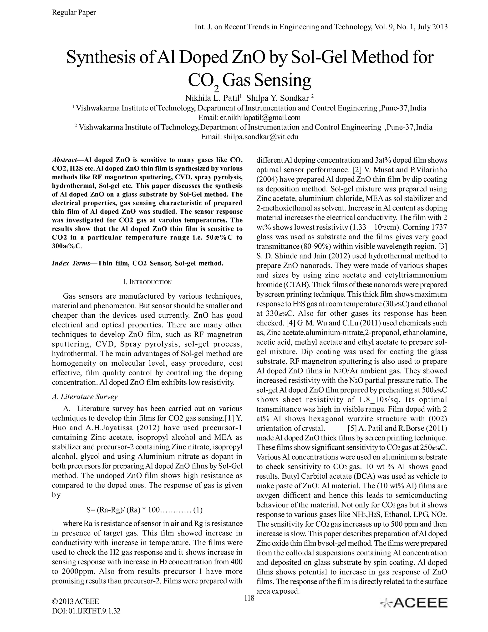 Synthesis of Al Doped ZnO by Sol-Gel Method for CO2 Gas Sensing | PDF