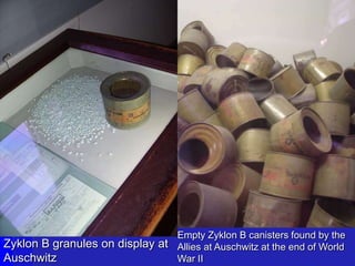 Zyklon B granules on display at
Auschwitz
Empty Zyklon B canisters found by the
Allies at Auschwitz at the end of World
War II
 