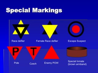 Special Markings
Race defiler Female Race defiler Escape Suspect
Pole Czech Enemy POW
Special Inmate
(brown armband)
 