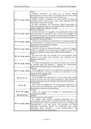 Ingeniería de Ondas Formatos de Audio Digital 
— 39/43 — 
FF 01 long texto 
Texto. 
Permite introducir un texto en el fichero MIDI. 
Normalmente se suele incluir al comienzo de una pista para 
describir la forma en la que se debe representar. 
Pueden también emplearse en otros puntos del fichero, 
pudiendo servir como letras o bien como explicaciones de 
marcadores dentro de la pista. 
Se debe componen con caracteres ASCII imprimibles y 
aquellos programas que no los soporten deben ignorarlos. El 
campo long es de longitud variable. 
FF 02 long texto 
Nota de copyright. 
Incluye una nota de copyright. La epecificación indica que 
debe contener los caracteres (C), el año del copyright y el 
propietario del mismo. Si existen diversas piezas musicales, 
los copyright deben agruparse en un único texto por fichero. 
FF 03 long texto 
Nombre de secuencia/pista. 
Indica para los ficheros de formato 0 o la primera pista de 
los de formato 1 el nombre de la secuencia. En otro caso lo 
que indica es el nombre de la pista. 
FF 04 long texto 
Nombre de instrumento. 
Describe el tipo de instrumentación a usar en la pista. 
Puede ir utilizado con el meta-evento Prefijo de canal MIDI 
para que indique el canal al que aplica la descripción. 
FF 05 long texto 
Letra 
Es una letra para ser cantada. De forma general, cada 
sílaba es un evento Letra distinto, que comienzo en el 
instante del evento. 
FF 06 long texto 
Marca 
Se utiliza normalmente en la pista del formato 0 o bien en 
la primera pista del formato 1. Nombra un determinado 
punto de la secuencia (p.ej. Verso primero). 
FF 07 long texto 
Apunte 
Indica algo que sucede en una película o pantalla de vídeo 
en el momento en el que la música se encuentra en ese 
instante de la reproducción. 
FF 20 01 cc 
Prefijo de canal MIDI. 
El canal MIDI que indica (de 0 a 15) se toma como canal 
actual, de forma que los eventos siguientes están asociados 
a este canal (tanto los de sistema como los meta-eventos). 
FF 2F 00 
Fin de pista. 
Este evento es obligatorio. Se incluye para especificar un 
punto exacto de finalización, muy importante sobre todo si 
las pistas se repiten o se concatenan. 
FF 51 03 tempo 
Tempo. 
Indica un cambio en el tempo en microsegundos por 
cuarto de nota MIDI. 
FF 58 04 nn Tiempo. 
FF 7F long texto 
Evento meta de secuenciador. 
Se emplea para definir mensajes específicos de un 
determinado secuenciador. El primer byte del mensaje es el 
ID del fabricante. Pero si el primer byte es cero, el campo de 
identificación es de tres bytes. Los formatos de estos 
mensajes específicos deben ser publicados por cada 
fabricante para permitir a otros secuenciadores la 
interpretación de esa información. 
 