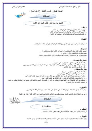 ‫الدراس‬ ‫الفصل‬ ً‫االبتدائ‬ ‫الثالث‬ ‫الصف‬ ‫إرشادي‬ ‫دلٌل‬ً‫الثان‬ ً
(19)
) ‫العمل‬ ‫أرض‬ ( : ‫الثالث‬ ‫الدرس‬ : ‫األولى‬ ‫الوحدة‬
‫انهذف‬:
-‫٠عشف‬ ْ‫أ‬.‫اٌىٍّخ‬ ‫آخش‬ ‫ٚاٌ١بء‬ ‫اٌٍ١ٕخ‬ ‫األٌف‬ ٓ١‫ث‬ ‫اٌفشق‬ ‫اٌزٍّ١ز‬
.-‫اٌىٍّخ‬ ‫آخش‬ ‫٠بء‬ ‫ثٙب‬ ٜ‫أخش‬ ‫ٚوٍّبد‬ ‫ٌ١ٕخ‬ ‫أٌف‬ ‫ثٙب‬ ‫وٍّبد‬ ‫٠مشأ‬ ْ‫أ‬
‫٠بء‬ ‫ثٙب‬ ٜ‫أخش‬ ‫ٚوٍّبد‬ ‫ٌ١ٕخ‬ ‫أٌف‬ ‫ثٙب‬ ‫وٍّبد‬ ‫٠ىزت‬ ْ‫أ‬. ‫اٌىٍّخ‬ ‫آخش‬
:‫انتهٍئخ‬
ٍُ‫اٌّع‬: ‫/ح‬‫ٚوزبثخ‬ ‫ٔطمب‬ ‫اٌىٍّخ‬ ‫آخش‬ ٟ‫ف‬ ‫ٚاٌ١بء‬ ‫اٌٍ١ٕخ‬ ‫األٌف‬ ٓ١‫ث‬ ‫اٌزّ١١ض‬ ‫و١ف١خ‬ ‫عٛ٠ب‬ َٛ١ٌ‫ا‬ ٍُ‫عٕزع‬.
: ‫اننًىرد‬
ٍُ‫اٌّع‬:. ‫٠بء‬ ‫ٚرىزت‬ ‫٠بء‬ ‫رٕطك‬ ‫اٌىٍّخ‬ ‫آخش‬ ‫ٚاٌ١بء‬ ‫٠بء‬ ‫ٚرىزت‬ ‫أٌفب‬ ‫رٕطك‬ ‫اٌٍ١ٕخ‬ ‫األٌف‬
ٍُ‫اٌّع‬ َٛ‫٠م‬ٌٝ‫(إ‬ ٟ‫وٍّز‬ ‫ثىزبثخ‬ :‫/ح‬–) ٞ‫ثالد‬
ٍُ‫اٌّع‬ َٛ‫٠م‬. ‫ث١ّٕٙب‬ ‫ٚاٌزّ١١ض‬ ‫اٌىٍّخ‬ ‫آخش‬ ‫ٚاٌ١بء‬ ‫اٌٍ١ٕخ‬ ‫األٌف‬ ‫ٚرحذ٠ذ‬ ٓ١‫اٌىٍّز‬ ‫ثمشاءح‬ ‫/ح‬
:‫انًىجهخ‬ ‫انًًبسسخ‬
-( ً‫كلمت‬ ‫المعلم‬ ‫ٌكتب‬‫بالدي‬–‫الحلوى‬. ‫السبورة‬ ‫على‬ )
-‫و‬ ،‫التالمٌذ‬ ‫مع‬ ‫الكلمتٌن‬ ‫المعلم‬ ‫ٌقرأ‬. ‫الكلمة‬ ‫آخر‬ ‫والٌاء‬ ‫اللٌنة‬ ‫األلف‬ ‫بٌن‬ ‫التمٌٌز‬‫التال‬ ‫نطق‬ ‫ٌالحظ‬.‫وٌوجههم‬ ،‫مٌذ‬
-‫الكلمتٌن‬ ‫نطق‬ ‫التالمٌذ‬ ‫مع‬ ‫المعلم‬ ‫ٌكرر‬
: ‫يستمهخ‬ ‫يًبسسخ‬
-( ً‫كلمت‬ ‫المعلم‬ ‫ٌكتب‬ً‫صدٌقت‬–‫منى‬.)
-. ‫بمفردهم‬ ‫الكلمتٌن‬ ‫نطق‬ ‫التالمٌذ‬ ‫من‬ ‫المعلم‬ ‫ٌطلب‬
-‫بٌن‬ ‫الفرق‬ ‫معرفتهم‬ ‫من‬ ‫ٌتأكد‬ ‫حتى‬ ‫الكلمتٌن‬ ‫نطق‬ ‫تكرار‬ ‫التالمٌذ‬ ‫بعض‬ ‫من‬ ‫المعلم‬ ‫ٌطلب‬ٌ‫وال‬ ‫اللٌنة‬ ‫األلف‬‫اء‬
-‫بها‬ ‫كلمات‬ ‫على‬ ‫تحتوي‬ ً‫الت‬ ‫البطاقات‬ ‫بعض‬ ‫المعلم‬ ‫ٌوزع‬‫والٌاء‬ ‫اللٌنة‬ ‫األلف‬
‫من‬ ‫ٌطلب‬ ‫ثم‬ ،‫منها‬ ‫كلمة‬ ‫ٌقرأ‬ ‫أن‬ ‫التالمٌذ‬ ‫أحد‬ ‫من‬ ‫ٌطلب‬ ‫ثم‬ ،‫أ‬‫ثالث‬ ‫من‬ ‫ٌطلب‬ ‫ثم‬ ،‫زمٌله‬ ‫من‬ ‫سمعها‬ ً‫الت‬ ‫الكلمة‬ ‫السبورة‬ ‫على‬ ‫ٌكتب‬ ‫أن‬ ‫خر‬
. ‫السبورة‬ ‫على‬ ‫من‬ ‫الكلمة‬ ‫نفس‬ ‫قراءة‬
: ‫انتطجٍك‬-
‫اٌّع‬ ‫٠طٍت‬ٍُ‫على‬ ‫تشتمل‬ ً‫الت‬ ‫الكلمات‬ ‫استخراج‬ ‫التالمٌذ‬ ‫من‬ ‫/ة‬‫الكلمة‬ ‫آخر‬ ‫والٌاء‬ ‫اللٌنة‬ ‫األلف‬.‫الدرس‬ ‫من‬
-‫المعلم‬ ‫ٌعرض‬‫/ة‬‫التالمٌذ‬ ‫من‬ ‫وٌطلب‬ ‫جدٌدة‬ ‫كلمات‬ ‫التالمٌذ‬ ‫على‬‫كتابتها‬‫مع‬‫الكلمة‬ ‫آخر‬ ‫والٌاء‬ ‫اللٌنة‬ ‫األلف‬ ‫بٌن‬ ‫التمٌٌز‬.
: ‫انهذف‬-
‫التلمٌذ‬ ‫ٌستخدم‬ ‫أن‬‫ا‬‫ستراتٌجٌة‬‫عا‬‫الكلمة‬ ‫ئلة‬. ‫الجدٌدة‬ ‫الكلمات‬ ‫معنى‬ ‫تحدٌد‬ ً‫ف‬
: ‫انتهٍئخ‬-
‫مع‬ ‫لتحدٌد‬ ‫طرٌقة‬ ‫الٌوم‬ ‫نتعلم‬ ‫سوف‬ : ‫المعلم‬ ‫ٌقول‬‫ا‬‫نى‬‫ال‬‫كلم‬‫عائلتها‬ ‫من‬ ‫أو‬ ‫منها‬ ‫مشتقة‬ ‫كلمات‬ ‫باستخدام‬ ‫ات‬.
‫انكهًخ‬ ‫آخش‬ ‫انهٍنخ‬ ‫واألنف‬ ‫انًذ‬ ‫ٌبء‬ ‫ثٍن‬ ‫انتًٍٍز‬
‫الصوتيات‬
‫الكلمة‬ ‫عائلة‬
‫المفردات‬
 