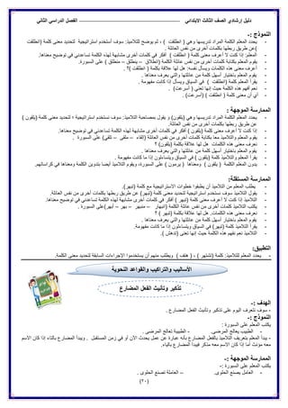 ‫الدراس‬ ‫الفصل‬ ً‫االبتدائ‬ ‫الثالث‬ ‫الصف‬ ‫إرشادي‬ ‫دلٌل‬ً‫الثان‬ ً
(21)
: ‫اننًىرد‬-
-‫استراتٌج‬ ‫أستخدم‬ ‫سوف‬ :‫للتالمٌذ‬ ‫ٌوضح‬ ‫ثم‬ ، ) ‫انطلقت‬ ( ً‫وه‬ ‫تدرٌسها‬ ‫المراد‬ ‫الكلمة‬ ‫المعلم‬ ‫ٌحدد‬‫(انطلقت‬ ‫كلمة‬ ‫معنى‬ ‫لتحدٌد‬ ‫ٌة‬
. ‫العائلة‬ ‫نفس‬ ‫من‬ ‫أخرى‬ ‫بكلمات‬ ‫ربطها‬ ‫طرٌق‬ ‫)عن‬
-.‫معناها‬ ‫توضٌح‬ ً‫ف‬ ً‫تساعدن‬ ‫الكلمة‬ ‫لهذه‬ ‫مشابهة‬ ‫أخرى‬ ‫كلمات‬ ً‫ف‬ ‫أفكر‬ ) ‫انطلقت‬ ( ‫كلمة‬ ‫معنى‬ ‫أعرف‬ ‫ال‬ ‫كنت‬ ‫إذا‬ :‫المعلم‬
-‫(انطالق‬ ‫الكلمة‬ ‫عائلة‬ ‫نفس‬ ‫من‬ ‫أخرى‬ ‫كلمات‬ ‫بكتابة‬ ‫المعلم‬ ‫ٌقوم‬–‫ٌنطلق‬–.‫السبورة‬ ‫على‬ ) ‫منطلق‬
-. ‫)؟‬ ‫انطلقت‬ ( ‫بكلمة‬ ‫عالقة‬ ‫لها‬ ‫هل‬ :‫نفسه‬ ‫وٌسأل‬ ‫الكلمات‬ ‫هذه‬ ‫معنى‬ ‫أعرف‬
-. ‫معناها‬ ‫ٌعرف‬ ً‫والت‬ ‫عائلتها‬ ‫من‬ ‫كلمة‬ ‫أسهل‬ ‫باختٌار‬ ‫المعلم‬ ‫ٌقوم‬
-. ‫مفهومة‬ ‫كانت‬ ‫إذا‬ ‫وٌسأل‬ ‫السٌاق‬ ً‫ف‬ ) ‫(انطلقت‬ ‫كلمة‬ ‫المعلم‬ ‫ٌقرأ‬
-‫إنه‬ ‫حٌث‬ ‫الكلمة‬ ‫هذه‬ ‫أفهم‬ ‫نعم‬. )‫أسرعت‬ ( ً‫تعن‬ ‫ا‬
-. )‫(أسرعت‬ ) ‫انطلقت‬ ( ‫كلمة‬ ‫معنى‬ ‫أن‬ ‫أي‬
: ‫انًىجهخ‬ ‫انًًبسسخ‬
-) ‫(ٌلقون‬ ‫كلمة‬ ‫معنى‬ ‫لتحدٌد‬ ‫؛‬ ‫استراتٌجٌة‬ ‫نستخدم‬ ‫سوف‬ :‫التالمٌذ‬ ‫بمصاحبة‬ ‫ٌقول‬ ‫و‬ )‫(ٌلقون‬ ً‫وه‬ ‫تدرٌسها‬ ‫المراد‬ ‫الكلمة‬ ‫المعلم‬ ‫ٌحدد‬
.‫العائلة‬ ‫نفس‬ ‫من‬ ‫أخرى‬ ‫بكلمات‬ ‫ربطها‬ ‫طرٌق‬ ‫عن‬
-‫ك‬ ‫إذا‬.‫معناها‬ ‫توضٌح‬ ً‫ف‬ ً‫تساعدن‬ ‫الكلمة‬ ‫لهذه‬ ‫مشابهة‬ ‫أخرى‬ ‫كلمات‬ ً‫ف‬ ‫أفكر‬ ) ‫(ٌلقون‬ ‫كلمة‬ ‫معنى‬ ‫أعرف‬ ‫ال‬ ‫نت‬
-‫(إلقاء‬ ‫العائلة‬ ‫نفس‬ ‫من‬ ‫أخرى‬ ‫كلمات‬ ‫بكتابة‬ ‫معا‬ ‫والتالمٌذ‬ ‫المعلم‬ ‫ٌقوم‬–‫ملقى‬–. ‫السبورة‬ ‫على‬ )ً‫تلق‬
-‫؟‬ )‫(ٌلقون‬ ‫بكلمة‬ ‫عالقة‬ ‫لها‬ ‫هل‬ ‫الكلمات‬ ‫هذه‬ ‫معنى‬ ‫نعرف‬
-ٌ. ‫معناها‬ ‫ٌعرف‬ ً‫والت‬ ‫عائلتها‬ ‫من‬ ‫كلمة‬ ‫أسهل‬ ‫باختٌار‬ ‫المعلم‬ ‫قوم‬
-. ‫مفهومة‬ ‫كانت‬ ‫ما‬ ‫إذا‬ ‫وٌتساءلون‬ ‫السٌاق‬ ً‫ف‬ ) ‫(ٌلقون‬ ‫كلمة‬ ‫والتالمٌذ‬ ‫المعلم‬ ‫ٌقرأ‬
-‫كراسا‬ ً‫ف‬ ‫ومعناها‬ ‫الكلمة‬ ‫بتدوٌن‬ ‫أٌضا‬ ‫التالمٌذ‬ ‫وٌقوم‬ ،‫السبورة‬ ‫على‬ ) ‫ٌرمون‬ ( ‫ومعناها‬ ) ‫ٌلقون‬ ( ‫الكلمة‬ ‫المعلم‬ ‫ٌدون‬.‫تهم‬
:‫انًستمهخ‬ ‫انًًبسسخ‬
-.)‫(تبهر‬ ‫كلمة‬ ‫مع‬ ‫االستراتٌجٌة‬ ‫خطوات‬ ‫ٌطبقوا‬ ‫أن‬ ‫التالمٌذ‬ ‫من‬ ‫المعلم‬ ‫ٌطلب‬
-.‫العائلة‬ ‫نفس‬ ‫من‬ ‫أخرى‬ ‫بكلمات‬ ‫ربطها‬ ‫طرٌق‬ ‫عن‬ )‫(تبهر‬ ‫كلمة‬ ‫معنى‬ ‫لتحدٌد‬ ‫استراتٌجٌة‬ ‫نستخدم‬ ‫سوف‬ ‫التالمٌذ‬ ‫ٌقول‬
-‫ك‬ ً‫ف‬ ‫أفكر‬ ) ‫(تبهر‬ ‫كلمة‬ ‫معنى‬ ‫أعرف‬ ‫ال‬ ‫كنت‬ ‫إذا‬ ‫التالمٌذ‬.‫معناها‬ ‫توضٌح‬ ً‫ف‬ ً‫تساعدن‬ ‫الكلمة‬ ‫لهذه‬ ‫مشابهة‬ ‫أخرى‬ ‫لمات‬
-‫(انبهار‬ ‫الكلمة‬ ‫عائلة‬ ‫نفس‬ ‫من‬ ‫أخرى‬ ‫كلمات‬ ‫التالمٌذ‬ ‫ٌكتب‬–‫منبهر‬–‫بهر‬–. ‫السبورة‬ ‫أبهر)على‬
-‫؟‬ ) ‫(تبهر‬ ‫بكلمة‬ ‫عالقة‬ ‫لها‬ ‫هل‬ .‫الكلمات‬ ‫هذه‬ ‫معنى‬ ‫نعرف‬
-ً‫والت‬ ‫عائلتها‬ ‫من‬ ‫كلمة‬ ‫أسهل‬ ‫باختٌار‬ ‫المعلم‬ ‫ٌقوم‬. ‫معناها‬ ‫ٌعرف‬
-.‫مفهومة‬ ‫كانت‬ ‫ما‬ ‫إذا‬ ‫وٌتساءلون‬ ‫السٌاق‬ ً‫ف‬ )‫(تبهر‬ ‫كلمة‬ ‫التالمٌذ‬ ‫ٌقرأ‬
-.) ‫(تدهش‬ ‫تعنى‬ ‫إنها‬ ‫حٌث‬ ‫الكلمة‬ ‫هذه‬ ‫نفهم‬ ‫نعم‬ ‫التالمٌذ‬
:‫انتطجٍك‬
-، ) ‫(تشتهر‬ ‫كلمة‬ :‫للتالمٌذ‬ ‫المعلم‬ ‫ٌحدد‬) ‫هتف‬ (‫الكل‬ ‫معنى‬ ‫لتحدٌد‬ ‫السابقة‬ ‫اإلجراءات‬ ‫ٌستخدموا‬ ‫أن‬ ‫منهم‬ ‫وٌطلب‬.‫مة‬
: ‫انهذف‬-
-‫على‬ ‫الٌوم‬ ‫نتعرف‬ ‫سوف‬‫المضارع‬ ‫الفعل‬ ‫وتأنٌث‬ ‫تذكٌر‬.
: ‫اننًىرد‬-
: ‫السبورة‬ ‫على‬ ‫المعلم‬ ‫ٌكتب‬
-.‫المرضى‬ ‫ٌعالج‬ ‫الطبٌب‬-. ‫المرضى‬ ‫تعالج‬ ‫الطبٌبة‬
-‫الم‬ ‫زمن‬ ً‫ف‬ ‫أو‬ ‫اآلن‬ ‫ٌحدث‬ ‫عمل‬ ‫عن‬ ‫عبارة‬ ‫بأنه‬ ‫المضارع‬ ‫بالفعل‬ ‫التالمٌذ‬ ‫بتعرٌف‬ ‫المعلم‬ ‫ٌبدأ‬‫ستقبل‬.‫االسم‬ ‫كان‬ ‫إذا‬ ‫بالتاء‬ ‫المضارع‬ ‫وٌبدأ‬
.‫بالٌاء‬ ‫المضارع‬ ‫فٌبدأ‬ ‫مذكر‬ ‫معه‬ ‫االسم‬ ‫كان‬ ‫إذا‬ ‫أما‬ ‫مؤنث‬ ‫معه‬
: ‫انًىجهخ‬ ‫انًًبسسخ‬-
: ‫السبورة‬ ‫على‬ ‫المعلم‬ ‫ٌكتب‬-
-.‫الحلوى‬ ‫ٌصنع‬ ‫العامل‬–. ‫الحلوى‬ ‫تصنع‬ ‫العاملة‬
‫النحوية‬ ‫والقواعد‬ ‫والتراكيب‬ ‫األساليب‬
‫المضارع‬ ‫الفعل‬ ‫وتأنٌث‬ ‫تذكٌر‬
 