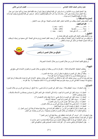 ‫الدراس‬ ‫الفصل‬ ً‫االبتدائ‬ ‫الثالث‬ ‫الصف‬ ‫إرشادي‬ ‫دلٌل‬ً‫الثان‬ ً
(21)
ٌ ‫ثم‬ ‫وراءه‬ ‫التالمٌذ‬ ‫وٌردد‬ ‫الجمل‬ ‫المعلم‬ ‫ٌقرأ‬‫عمل‬ ‫عن‬ ‫عبارة‬ ‫ألنها‬ ‫مضارع‬ ‫فعل‬ ‫الكلمة‬ ‫هذه‬ ‫أن‬ ‫لهم‬ ‫وٌقول‬ ) ‫(ٌعالج‬ ‫كلمة‬ ‫الى‬ ‫شٌر‬
‫بدأت‬ ‫أنها‬ ‫وٌقول‬ ) ‫(تصنع‬ ‫كلمة‬ ‫إلى‬ ‫ٌشٌر‬ ‫ثم‬ ‫مذكر‬ ) ‫(الطبٌب‬ ‫قبلها‬ ‫االسم‬ ‫ألن‬ ‫بٌاء‬ ‫بدأت‬ ‫وقد‬ . ‫اآلن‬ ‫حتى‬ ‫ٌحدث‬ ‫مازال‬ ‫العمل‬ ‫وهذا‬
. ‫مؤنث‬ ‫اسم‬ ) ‫(الطبٌبة‬ ‫قبلها‬ ‫ألن‬ ‫بالتاء‬
: ‫انًستمهخ‬ ‫انًًبسسخ‬-
. ‫االختٌار‬ ‫سبب‬ ‫ذكر‬ ‫مع‬ ‫للجملة‬ ‫المناسب‬ ‫الفعل‬ ‫اختٌار‬ ‫التالمٌذ‬ ‫من‬ ‫وٌطلب‬ ‫الجمل‬ ‫بعض‬ ‫المعلم‬ ‫ٌكتب‬
-: ‫أكمل‬ ‫ثم‬ ‫اقرأ‬
-‫رحت‬ ( ‫ِصش‬ ........ ُ‫ثبع‬–) ‫٠حت‬
-‫حجشرٙب‬ ............ ‫ثغّخ‬ُ‫(رٕظ‬–) ُ‫٠ٕظ‬
-ّٗ‫ٔع‬ ٍٝ‫ع‬ ‫هللا‬ ......... ‫األة‬‫رحّذ‬ (–) ‫٠حّذ‬
: ‫انتطجٍك‬
‫بعض‬ ‫المعلم‬ ‫ٌوزع‬‫الجمل‬‫على‬ ‫تحتوي‬ ً‫الت‬‫مضارع‬ ‫فعل‬
‫ٌقرأ‬ ‫أن‬ ‫التالمٌذ‬ ‫أحد‬ ‫من‬ ‫ٌطلب‬ ‫ثم‬ ،‫الجملة‬‫أن‬ ‫آخر‬ ‫من‬ ‫ٌطلب‬ ‫ثم‬ ،‫الجملة‬ ً‫ف‬ ‫ونوعه‬ ‫المضارع‬ ‫الفعل‬ ‫ٌحدد‬‫ٌطلب‬ ‫ثم‬ ،‫زمٌله‬ ‫من‬ ‫سمعها‬ ً‫الت‬
‫ثالث‬ ‫من‬. ‫والعكس‬ ‫مؤنث‬ ‫إلى‬ ‫مذكر‬ ‫من‬ ‫الجملة‬ ‫تحوٌل‬
‫انهذف‬:
‫التلمٌذ‬ ‫ٌتوقع‬ ‫أن‬‫أ‬‫ال‬ ‫حداث‬‫خالل‬ ‫من‬ ‫درس‬‫المعروفة‬ ‫االحداث‬ ‫خالل‬ ‫ومن‬ ‫الصورة‬.
: ‫انتهٍئخ‬
-: ‫قائال‬ ‫التالمٌذ/ات‬ ‫المعلم/ة‬ ‫ٌخاطب‬ً‫ف‬ ‫ستقع‬ ً‫الت‬ ‫األحداث‬ ‫والعنوان‬ ‫الصورة‬ ‫خالل‬ ‫من‬ ‫نتوقع‬ ‫أن‬ ‫ٌمكننا‬ ‫الدرس‬ ‫قراءة‬ ‫قبل‬ :
. ‫الدرس‬
-‫ٌمكن‬ ‫ما‬ ‫ونتوقع‬ ‫الصورة‬ ‫إلى‬ ‫ننظر‬ ‫أن‬ ‫ٌمكننا‬. ‫الصورة‬ ‫هذه‬ ‫حوله‬ ‫تدور‬ ‫أن‬
-‫؟‬ ‫القراءة‬ ‫بعد‬ ‫ال‬ ‫أم‬ ‫صحٌحة‬ ‫كانت‬ ‫إذا‬ ‫ما‬ ‫لنرى‬ ‫توقعاتنا‬ ‫سنراجع‬
‫نتوقف‬ ‫،سوف‬ ‫الدرس‬ ‫بقراءة‬ ‫نقوم‬ ‫بٌنما‬‫أ‬‫القراءة‬ ‫ثناء‬‫لنتأكد‬‫األ‬ ‫من‬‫حداث‬ً‫الت‬‫األحداث‬ ‫ونتوقع‬ ‫حدثت‬ً‫الت‬‫فقرة‬ ‫نقرأ‬ ‫أن‬ ‫ٌمكننا‬ ‫تالٌا‬ ‫تحدث‬ ‫قد‬
‫الحقا‬ ‫سٌحدث‬ ‫ماذا‬ ‫ونتوقع‬ً‫ف‬‫سوف‬ ‫الدرس‬. ‫القراءة‬ ‫بعد‬ ‫ال‬ ‫أم‬ ‫صحٌحة‬ ‫كانت‬ ‫اذا‬ ‫ما‬ ‫لنرى‬ ‫التوقعات‬ ‫بمراجعة‬ ‫نقوم‬
: ‫اننًىرد‬
-‫سوف‬ ، ‫مثاال‬ ‫أعطٌكم‬ ‫سوف‬ : ‫/ة‬ ‫المعلم‬ ‫ٌقول‬‫أ‬‫و‬ ‫الصورة‬ ‫إلى‬ ‫نظر‬‫أ‬‫أتوقع‬ ‫ماذا‬ : ً‫نفس‬ ‫سأل‬‫أن‬‫الصورة‬ ‫خالل‬ ‫من‬ ‫الدرس‬ ً‫ف‬ ‫ٌحدث‬
‫؟‬
-‫سوف‬ : ‫ة‬ / ‫المعلم‬‫أ‬‫االجابات‬ ً‫تأت‬ ‫قد‬ ( ، ‫أجٌب‬ ‫ثم‬ ‫الصورة‬ ‫إلى‬ ‫نظر‬: ) ً‫التال‬ ‫النحو‬ ‫على‬‫ـ‬ ‫بالشباك‬ ‫األسماك‬ ‫ٌصطادون‬ ‫صٌادون‬
‫األثاث‬ ‫ٌصنعون‬ ‫عمال‬
-‫سوف‬ : ‫ة‬ / ‫المعلم‬‫أ‬‫و‬ ‫الصورة‬ ‫إلى‬ ‫نظر‬‫أ‬‫ماذا‬ ( : ً‫نفس‬ ‫سأل‬‫الشخصان‬ ‫هذان‬ ‫ٌفعل‬) ‫؟‬
-‫سوف‬ : ‫ة‬ / ‫المعلم‬‫أ‬" ‫أجٌب‬ ‫ثم‬ ‫الصورة‬ ‫إلى‬ ‫نظر‬‫األسماك‬ ‫ٌصطاد‬.
-‫سوف‬ ‫واآلن‬ : ‫ة‬ / ‫المعلم‬‫أ‬( ‫الدرس‬ ‫عنوان‬ ‫قرأ‬‫أرض‬‫العمل‬. )
-: ‫ة‬ / ‫المعلم‬‫أ‬. ‫العنوان‬ ‫خالل‬ ‫من‬ ‫الدرس‬ ً‫ف‬ ‫ٌحدث‬ ‫أن‬ ‫أتوقع‬ ‫ماذا‬ ً‫نفس‬ ‫سأل‬
-‫عن‬ ‫الدرس‬ ‫ٌتحدث‬ ‫أن‬ ‫اتوقع‬ : ‫ة‬ / ‫المعلم‬‫أ‬‫همٌة‬‫العمل‬.
-( : ‫الدرس‬ ‫من‬ ‫الفقرة‬ ‫بقراءة‬ ‫ة‬ / ‫المعلم‬ ‫ٌقوم‬‫العمل‬ ‫أرض‬ ‫إلى‬ ‫الرحلة‬ ‫ممتعة‬ ‫نٌلٌة‬ ‫رحلة‬ ً‫ف‬ ‫الفراشات‬ ‫انطلقت‬. )
-‫ة‬ / ‫المعلم‬ ‫ٌستنتج‬‫ال‬ ‫عن‬ ‫ٌتحدث‬ ‫الدرس‬ ‫وأن‬ ، ‫صحٌحة‬ ‫والعنوان‬ ‫الصورة‬ ‫خالل‬ ‫من‬ ‫التوقعات‬ ‫أن‬.‫عمل‬
‫"أن‬ ‫أعرف‬ ‫اآلن‬ : ‫/ة‬ ‫المعلم‬ ‫ٌقول‬‫العمل‬ ‫أرض‬ ‫إلى‬ ‫نٌلٌة‬ ‫رحلة‬ ً‫ف‬ ‫انطلقت‬ ‫الفراشات‬"
‫"أن‬ ‫اتوقع‬‫ستشاهد‬ ‫الفراشات‬‫النٌل‬ ‫من‬ ‫األسماك‬ ‫ٌصطادون‬ ‫الصٌادون‬. "
-‫المعلم/ة‬ ‫ٌستمر‬ً‫ف‬‫لتحد‬ ‫وٌتوقف‬ ‫الفقرة‬ ‫قراءة‬) ‫مناسب‬ ‫غٌر‬ / ‫(مناسب‬ ‫توقعه‬ ‫صحة‬ ‫مدى‬ ‫ٌد‬
-‫كان‬ ‫المعلم/ة‬ ‫ٌقول‬ً‫توقع‬‫ألن‬ ‫مناسب‬‫النٌل‬ ً‫ف‬ ‫شباكهم‬ ‫ٌلقون‬ ‫الصٌادٌن‬ ‫شاهدت‬ ‫الفراشات‬.
ً‫القرائ‬ ‫الفهم‬
‫انتىلع‬‫ين‬‫خالل‬‫انصىسح‬‫والنص‬
 