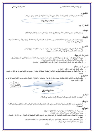‫الدراس‬ ‫الفصل‬ ً‫االبتدائ‬ ‫الثالث‬ ‫الصف‬ ‫إرشادي‬ ‫دلٌل‬ً‫الثان‬ ً
(23)
: ‫انتطجٍك‬
. ٗ‫خبسج‬ ِٓ ٚ‫أ‬ ‫إٌش١ذ‬ ِٓ ‫ِزشبثٙخ‬ ‫ثأصٛاد‬ ٝٙ‫رٕز‬ ٚ‫أ‬ ‫رجذأ‬ ‫ثىٍّبد‬ ْ‫اإلر١ب‬ ‫اٌزالِ١ز‬ ِٓ ٍُ‫اٌّع‬ ‫٠طٍت‬
( ‫نشبط‬1: )
:‫انهذف‬
-.‫ٚاٌطاللخ‬ ‫اٌٍغٛ٠خ‬ ‫اٌحص١ٍخ‬ ‫إلصشاء‬ ‫جذ٠ذح‬ ‫وٍّبد‬ ٓ٠ٛ‫ٌزى‬ ‫ثبألصٛاد‬ ‫اٌزالعت‬ ٜٛ‫ِغز‬ ‫اٌزالِ١ز‬ َ‫٠غزخذ‬
: ‫انتهٍئخ‬
-‫ثأصٛاد‬ ‫اٌىٍّخ‬ ‫أصٛاد‬ )‫(إثذاي‬ ٚ‫أ‬ ،‫اٌىٍّخ‬ ‫أصٛاد‬ ‫ثعط‬ )‫إظبفخ‬ ٚ‫أ‬ ‫(حزف‬ ٝ٘ٚ ،‫جذ٠ذح‬ ‫ٌعجخ‬ ‫ثّّبسعخ‬ َٛ١ٌ‫ا‬ َٛ‫عٕم‬ :ٍُ‫اٌّع‬ ‫٠مٛي‬
. ‫جذ٠ذح‬ ‫وٍّبد‬ ٓ٠ٛ‫ٌزى‬ ٜ‫أخش‬
‫انن‬:‫ًىرد‬
-.) ‫دل١مخ‬ ( ‫فزصجح‬ )‫اٌذاي‬ ( ‫ثصٛد‬ )‫اٌشاء‬ ( ‫صٛد‬ ‫أعزجذي‬ ‫عٛف‬ : ‫ٚ٠مٛي‬ ،) ‫سل١مخ‬ ( ‫وٍّخ‬ ٍُ‫اٌّع‬ ‫٠مشأ‬
-.) ‫سل١ك‬ ( ‫فزصجح‬ ‫اٌىٍّخ‬ ‫ٔفظ‬ ِٓ ) ‫اٌّشثٛغخ‬ ‫اٌزبء‬ ( ‫ٔحزف‬ ُ‫ص‬
:‫انًىجهخ‬ ‫انًًبسسخ‬
-ٛ‫ثص‬ )‫(اٌمبف‬ ‫صٛد‬ ‫اعزجذاي‬ ُِٕٙ ‫٠طٍت‬ ‫اٌزالِ١ز‬ ‫ٚثّشبسوخ‬ ،) ‫لشة‬ ( ‫وٍّخ‬ ‫ثٕطك‬ ٍُ‫اٌّع‬ َٛ‫٠م‬. )‫(ششة‬ ‫فزصجح‬ )ٓ١‫اٌش‬ ( ‫د‬
-.)‫سة‬ ( ‫فزصجح‬ ،)‫اٌمبف‬ ( ‫صٛد‬ ‫حزف‬ ٟ‫ف‬ ٗ‫ِشبسوز‬ ‫اٌزالِ١ز‬ ِٓ ‫٠طٍت‬
-.) ‫عمشة‬ ( ‫فزصجح‬ ‫اٌىٍّخ‬ ‫ٔفظ‬ ٍٝ‫ع‬ )ٓ١‫(اٌع‬ ‫صٛد‬ ‫إظبفخ‬ ٟ‫ف‬ ٗ‫ِشبسوز‬ ُِٕٙ ‫٠طٍت‬ ُ‫ص‬
: ‫انًستمهخ‬ ‫انًًبسسخ‬
-.) ‫أص٘بس‬ ( ‫وٍّخ‬ ‫اٌغجٛسح‬ ٍٝ‫ع‬ ٍُ‫اٌّع‬ ‫٠ىزت‬
-ٍُ‫اٌّع‬ ‫٠طٍت‬ ‫ِجّٛعبد‬ ٟ‫ف‬ ًّ‫اٌع‬ ‫خالي‬ ِٓ‫وٍّبد‬ ٓ٠ٛ‫ٌزى‬ ‫آخش‬ ‫ثصٛد‬ ‫اٌىٍّخ‬ ِٓ ‫صٛد‬ ) ‫اعزجذاي‬ ٚ‫أ‬ ‫إظبفخ‬ ٚ‫أ‬ ‫(حزف‬ ‫اٌزالِ١ز‬ ِٓ
. ‫جذ٠ذح‬
: ‫انتطجٍك‬
-ٜ‫أخش‬ ‫ثأصٛاد‬ ‫اٌىٍّخ‬ ِٓ ‫أصٛاد‬ ) ‫اعزجذاي‬ ٚ‫أ‬ ‫إظبفخ‬ ٚ‫أ‬ ‫(حزف‬ ‫ثـ‬ ‫٠مِٛٛا‬ ْ‫أ‬ ٍٝ‫ع‬ ،‫جذ٠ذح‬ ‫ثىٍّبد‬ ْ‫اإلر١ب‬ ‫اٌزالِ١ز‬ ِٓ ٍُ‫اٌّع‬ ‫٠طٍت‬
.‫جذ٠ذح‬ ‫وٍّبد‬ ٓ٠ٛ‫ٌزى‬
:‫انهذف‬
-. ‫اٌجٍّخ‬ ٟ‫ف‬ ‫ِفزبح١خ‬ ‫وٍّبد‬ ‫خالي‬ ِٓ ‫وٍّخ‬ ٕٝ‫ِع‬ ٍٝ‫ع‬ ‫اٌزالِ١ز‬ ‫٠زعشف‬ ْ‫أ‬
: ‫انتهٍئخ‬
-‫ا‬ ٕٝ‫ٌّع‬ ً‫ٌٍزٛص‬ ‫رغبعذٔب‬ ‫اٌجٍّخ‬ ٟ‫ف‬ ‫ِفزبح١خ‬ ‫وٍّبد‬ َ‫ثبعزخذا‬ ‫وٍّخ‬ ٕٝ‫ِع‬ ‫ٌزحذ٠ذ‬ ‫جذ٠ذح‬ ‫غش٠مخ‬ َٛ١ٌ‫ا‬ ٍُ‫ٔزع‬ ‫عٛف‬ :‫٠مٛي‬ ٍُ‫اٌّع‬‫ٌىٍّخ‬
. ‫اٌّغزٙذفخ‬
:‫اننًىرد‬
-‫اٌحذ٠مخ‬ ‫أص٘بس‬ ٓ١‫ث‬ ‫اٌفشاشبد‬ ( ‫جٍّخ‬ ٍُ‫اٌّع‬ ‫٠عشض‬‫رٕشك‬: )‫اٌعطش‬
-.) ‫رٕشك‬ (ٝ٘ٚ ،‫ِعٕب٘ب‬ ‫ِعشفخ‬ ‫اٌّشاد‬ ‫اٌىٍّخ‬ ٍُ‫اٌّع‬ ‫٠حذد‬
-‫أص٘بس‬ ( ٝ٘ٚ ،‫اٌجٍّخ‬ ٟ‫ف‬ ‫اٌّغزٙذفخ‬ ‫اٌىٍّخ‬ ٕٝ‫ِع‬ ‫ِعشفخ‬ ٟ‫ف‬ ‫رغبعذٔب‬ ٟ‫اٌز‬ ‫اٌّفزبح١خ‬ ‫اٌىٍّبد‬ ‫ٚ٠حذد‬ ،‫اٌجٍّخ‬ ‫ثمشاءح‬ َٛ‫٠م‬-‫اٌحذ‬‫٠مخ‬–
.)‫اٌعطش‬
-. ‫اٌّفزبح١خ‬ ‫اٌىٍّبد‬ ‫خالي‬ ِٓ ‫ِعٕب٘ب‬ ‫عشف‬ ٗٔ‫أ‬ ٓ١‫ٚ٠ج‬ ،)ُ‫رشـ‬ (ٛ٘ٚ ‫اٌّغزٙذفخ‬ ‫اٌىٍّخ‬ ٕٝ‫ِع‬ ٍُ‫اٌّع‬ ‫٠زوش‬
-. ‫اٌغجٛسح‬ ٍٝ‫ع‬ ‫ِٚعٕب٘ب‬ ‫اٌىٍّخ‬ ٍُ‫اٌّع‬ ْٚ‫٠ذ‬
‫ثبألصىاد‬ ‫انتالعت‬
‫انسٍبق‬ ‫يفبتٍح‬
‫المفردات‬
 