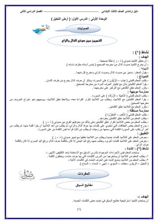 ‫الدراس‬ ‫الفصل‬ ً‫االبتدائ‬ ‫الثالث‬ ‫الصف‬ ‫إرشادي‬ ‫دلٌل‬ً‫الثان‬ ً
(6)
) ‫النخٌل‬ ‫أرض‬ ( :‫األول‬ ‫الدرس‬ : ‫األولى‬ ‫الوحدة‬
( ‫نشاط‬1: )
: ‫الهدف‬
-‫ذ‬ ( ً‫صوت‬ ‫التلمٌذ‬ ‫ٌنطق‬ ‫أن‬-. ‫ا‬ً‫ح‬ٌ‫صح‬ ‫ا‬ً‫ق‬‫نط‬ ) ‫ز‬
-.) ‫لسانه‬ ‫بطرف‬ ‫أسنانه‬ ‫ٌلمس‬ ( ‫الصحٌح‬ ‫مخرجه‬ ‫من‬ ‫الذال‬ ‫صوت‬ ‫التلمٌذ‬ ‫ٌخرج‬ ‫أن‬
: ‫التهٌئة‬
-ٌ. ‫منهما‬ ‫كل‬ ‫ومخرج‬ ‫الزاي‬ ‫وصوت‬ ‫الذال‬ ‫صوت‬ ‫بٌن‬ ‫سنمٌز‬ : ‫المعلم‬ ‫قول‬
: ‫النموذج‬
-َ‫ب‬َ‫ذ‬َ‫ج‬ ( ً‫كلمت‬ ‫المعلم‬ ‫ٌكتب‬–. ‫اللسان‬ ‫طرف‬ ‫من‬ ‫ٌخرج‬ ‫الذال‬ ‫حرف‬ ‫أن‬ ‫وٌذكر‬ ،‫السبورة‬ ‫على‬ ) ‫ون‬ُ‫ت‬ٌَّْ‫الز‬
-. ‫الصحٌح‬ ‫مخرجه‬ ‫من‬ ‫المراد‬ ‫الحرف‬ ‫إظهار‬ ‫مع‬ ‫بتأن‬ ‫الكلمتٌن‬ ‫المعلم‬ ‫ٌقرأ‬
-‫ا‬ ‫نطق‬ ‫المعلم‬ ‫ٌكرر‬. ‫مخرجهما‬ ‫على‬ ‫التركٌز‬ ‫مع‬ ‫لكلمتٌن‬
: ‫موجهة‬ ‫ممارسة‬
-‫َّة‬ٌِ‫ب‬َ‫ه‬َّ‫ذ‬‫ال‬ ( ً‫كلمت‬ ‫المعلم‬ ‫ٌكتب‬–. ‫السبورة‬ ‫على‬ ) ‫اء‬َ‫ق‬ ْ‫ر‬َّ‫الز‬
-‫من‬ ‫الحروف‬ ‫إخراج‬ ‫نحو‬ ‫وٌوجههم‬ ،‫التالمٌذ‬ ‫نطق‬ ‫وٌالحظ‬ ،‫معه‬ ‫القراءة‬ ‫تكرار‬ ‫التالمٌذ‬ ‫من‬ ‫وٌطلب‬ ،‫التالمٌذ‬ ‫مع‬ ‫الكلمتٌن‬ ‫المعلم‬ ‫ٌقرأ‬
. ‫الصحٌح‬ ‫مخرجها‬
-‫ٌك‬. ‫الكلمتٌن‬ ‫نطق‬ ‫التالمٌذ‬ ‫مع‬ ‫المعلم‬ ‫رر‬
: ‫مستقلة‬ ‫ممارسة‬
-‫َب‬‫ه‬َّ‫ذ‬‫ال‬ ( ً‫كلمت‬ ‫المعلم‬ ‫ٌكتب‬–.) ‫ة‬َ‫ز‬َّ‫ر‬َ‫ط‬ُ‫م‬ْ‫ال‬
-. ‫بمفردهم‬ ‫الكلمتٌن‬ ‫نطق‬ ‫التالمٌذ‬ ‫من‬ ‫المعلم‬ ‫ٌطلب‬
-‫ذ‬ ( ً‫صوت‬ ‫بٌن‬ ‫الفرق‬ ‫معرفتهم‬ ‫من‬ ‫ٌتأكد‬ ‫حتى‬ ‫الكلمتٌن‬ ‫نطق‬ ‫تكرار‬ ‫التالمٌذ‬ ‫بعض‬ ‫من‬ ‫المعلم‬ ‫ٌطلب‬–.) ‫ز‬
-‫ا‬ ‫ٌوزع‬‫تحتو‬ ً‫الت‬ ‫البطاقات‬ ‫بعض‬ ‫لمعلم‬‫ي‬‫من‬ ‫ٌطلب‬ ‫ثم‬ ،‫منها‬ ‫كلمة‬ ‫ٌقرأ‬ ‫أن‬ ‫التالمٌذ‬ ‫أحد‬ ‫من‬ ‫ٌطلب‬ ‫ثم‬ ،‫والزاي‬ ‫الذال‬ ‫حرفا‬ ‫بها‬ ‫كلمات‬ ‫على‬
. ‫السبورة‬ ‫على‬ ‫من‬ ‫الكلمة‬ ‫نفس‬ ‫قراءة‬ ‫ثالث‬ ‫من‬ ‫ٌطلب‬ ‫ثم‬ ،‫زمٌله‬ ‫من‬ ‫سمعها‬ ً‫الت‬ ‫الكلمة‬ ‫السبورة‬ ‫على‬ ‫ٌكتب‬ ‫أن‬ ‫آخر‬
: ‫التطبٌق‬
-‫التالمٌذ‬ ‫على‬ ‫المعلم‬ ‫ٌعرض‬‫ذ‬ ( ً‫صوت‬ ‫تمٌٌز‬ ‫مع‬ ‫نطقها‬ ‫التالمٌذ‬ ‫من‬ ‫وٌطلب‬ ‫جدٌدة‬ ‫كلمات‬–.) ‫ز‬
-‫بالكلمة‬ ‫كان‬ ‫إذا‬ ‫الٌسرى‬ ‫الٌد‬ ‫ورفع‬ ‫الذال‬ ‫حرف‬ ‫بالكلمة‬ ‫كان‬ ‫إذا‬ ‫الٌمنى‬ ‫الٌد‬ ‫رفع‬ ‫منهم‬ ‫وٌطلب‬ ،‫أخرى‬ ‫كلمات‬ ‫التالمٌذ‬ ‫على‬ ‫المعلم‬ ‫ٌعرض‬
. ‫الزاي‬ ‫حرف‬
( ‫نشاط‬2: ‫الشدة‬ : )
‫با‬ ‫الموجودة‬ ‫اإلجراءات‬ ‫نفس‬ ‫المعلم‬ ‫ٌستخدم‬: ‫اآلتٌٌن‬ ‫التكلٌفٌن‬ ‫بأحد‬ ‫االستعانة‬ ‫مع‬ ‫السابق‬ ‫لدرس‬-
1-. ‫الكلمة‬ ‫وٌنطقون‬ ،‫مشدد‬ ‫حرف‬ ‫بها‬ ً‫الت‬ ‫الكلمات‬ ‫الدرس‬ ‫من‬ ‫ٌستخرجوا‬ ‫أن‬ ‫التالمٌذ‬ ‫من‬ ‫المعلم‬ ‫ٌطلب‬
2-:‫اآلتٌة‬ ‫الكلمات‬ ً‫ف‬ ‫المشدد‬ ‫الحرف‬ ‫على‬ ‫الشدة‬ ‫وضع‬ ‫التالمٌذ‬ ‫من‬ ‫المعلم‬ ‫ٌطلب‬-
‫النخٌل‬ (–‫الزٌتون‬–‫حطت‬–‫السٌوي‬–ً‫شه‬–‫السماء‬–.) ‫السٌاح‬
: ‫الهدف‬-
. ‫الجدٌدة‬ ‫الكلمات‬ ‫معنى‬ ‫تحدٌد‬ ً‫ف‬ ‫السٌاق‬ ‫مفاتٌح‬ ‫استراتٌجٌة‬ ‫التلمٌذ‬ ‫ٌستخدم‬ ‫أن‬
‫والزاي‬ ‫الذال‬ ‫صوتي‬ ‫بين‬ ‫التمييز‬
‫الصوتيات‬
‫السٌاق‬ ‫مفاتٌح‬
‫المفردات‬
 