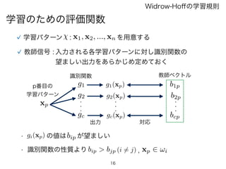 16
学習のための評価関数
Widrow-Hoﬀの学習規則
学習パターン : x1, x2, ..., xn を用意する
教師信号 : 入力される各学習パターンに対し識別関数の
望ましい出力をあらかじめ定めておく
xp
g1
g2
gc gc(xp)
g2(xp)
g1(xp) b1p
b2p
bcp
p番目の
学習パターン
識別関数
・・・
・・・
・・・
教師ベクトル
対応
gi(xp) の値はbip が望ましい•
• 識別関数の性質より bip > bjp (i 6= j) xp 2 !i,
出力
 