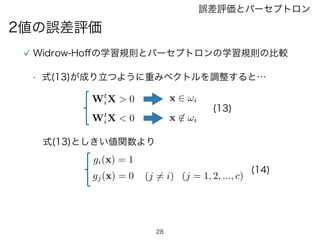 28
2値の誤差評価
誤差評価とパーセプトロン
Widrow-Hoﬀの学習規則とパーセプトロンの学習規則の比較
Wt
iX > 0
Wt
iX < 0
• 式(13)が成り立つように重みベクトルを調整すると…
(13)
式(13)としきい値関数より
(14)
x 2 !i
x 62 !i
(j 6= i) (j = 1, 2, ..., c)
gi(x) = 1
gj(x) = 0
 