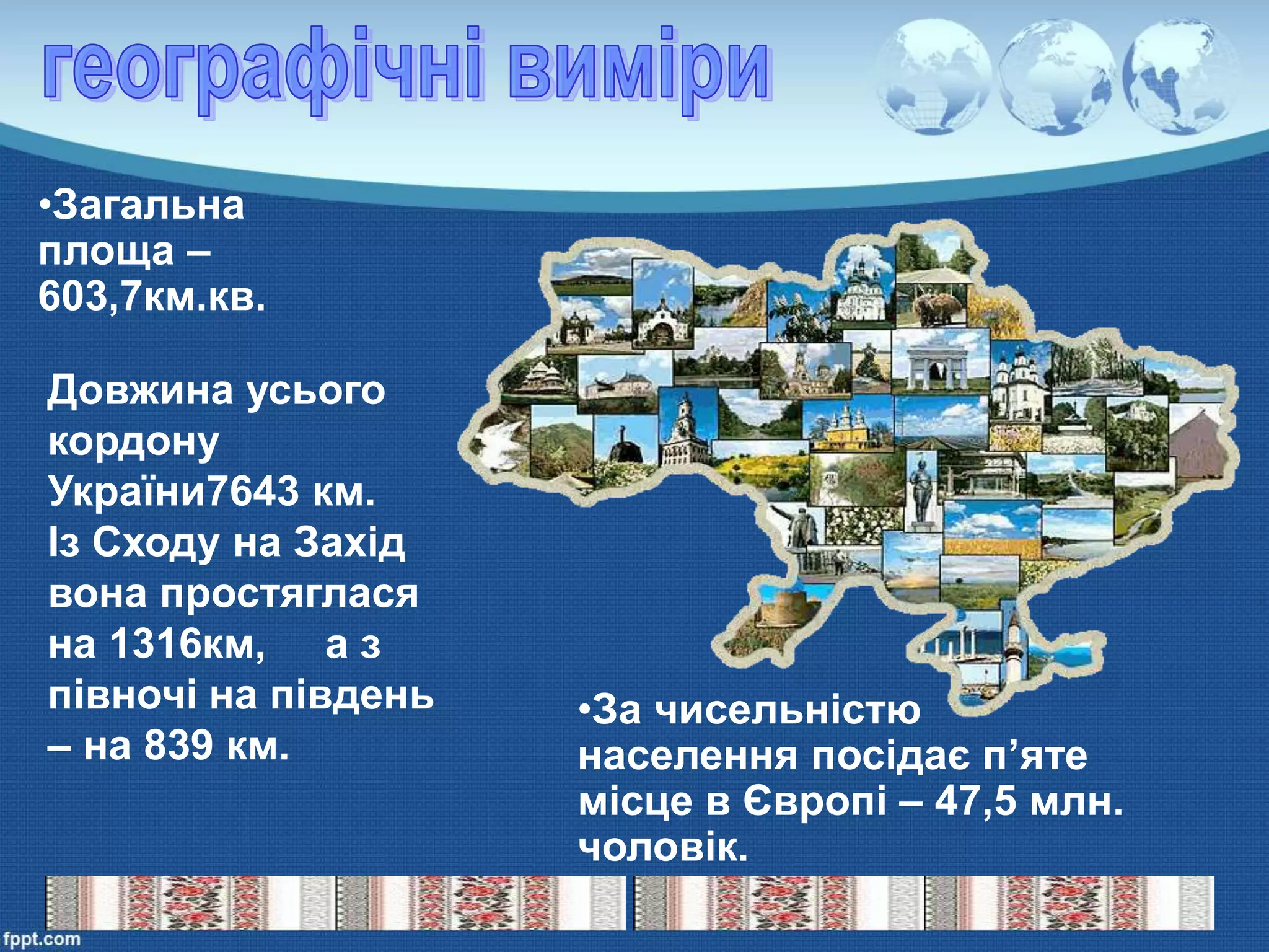 Довжина усього
кордону
України7643 км.
Із Сходу на Захід
вона простяглася
на 1316км, а з
півночі на південь
– на 839 км.
•Загальна
площа –
603,7км.кв.
•За чисельністю
населення посідає п’яте
місце в Європі – 47,5 млн.
чоловік.
 