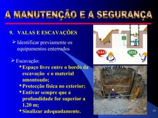 15
9. VALAS E ESCAVAÇÕES
 Identificar previamente os
equipamentos enterrados
 Escavação:
Espaço livre entre o bordo da
escavação e o material
amontoado;
Protecção física no exterior;
Entivar sempre que a
profundidade for superior a
1,20 m;
Sinalizar adequadamente.
 