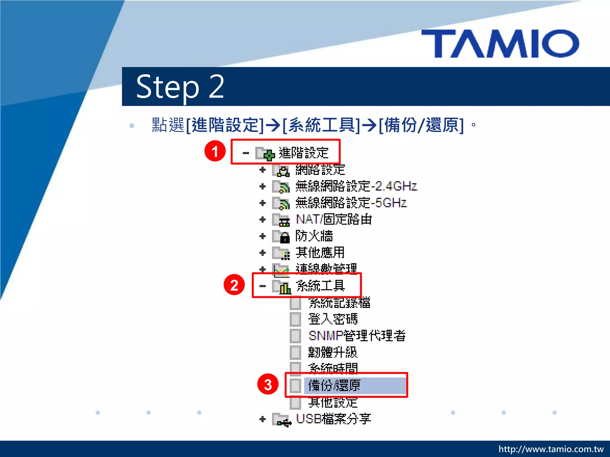 http://www.tamio.com.tw
Step 2
• 點選[進階設定][系統工具][備份/還原]。
1
2
3
 