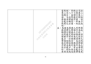 99
當限制，參酌公司法
第二百八十七條第二
項規定，爰增訂第三
項。又法院裁定開始
債務清理程序後，保
全處分期間，即無予
限制之必要，附此說
明。
五、為避免債務人利用債
務清理之聲請作為延
期償付債務之手段，
法院裁定開始債務清
理程序前所為之保全
處分，如債務清理之
聲請經駁回，或法院
裁定開始債務清理程
序前或裁定後所為之
保全處分，有必要情
形，例如保全處分之
原因消滅或情事變更
行
政
院
行
政
院
第
3495次
院
會
會
議
1EF703DDF893A6B2
 