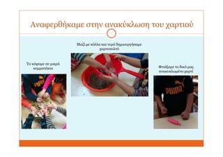 Αναφερθήκαμε στην ανακύκλωση του χαρτιού
Το κόψαμε σε μικρά
κομματάκια
Μαζί με κόλλα και νερό δημιουργήσαμε
χαρτοπολτό
Φτιάξαμε το δικό μας
ανακυκλωμένο χαρτί
 