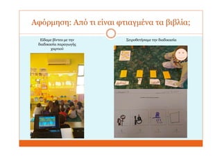 Αφόρμηση: Από τι είναι φτιαγμένα τα βιβλία;
Είδαμε βίντεο με την
διαδικασία παραγωγής
χαρτιού
Σειροθετήσαμε την διαδικασία
 