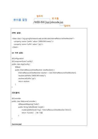 [XML 설정]
<bean class="org.springframework.web.servlet.view.InternalResourceViewResolver">
<property name="prefix" value="/WEB-INF/views/"/>
<property name="suffix" value=".jsp"/>
</bean>
[or 자바 설정]
@Configuration
@ComponentScan("config")
public class AppConfig {
@Bean
public InternalResourceViewResolver viewResolver() {
InternalResourceViewResolver resolver = new InternalResourceViewResolver();
resolver.setPrefix("/WEB-INF/views/");
resolver.setSuffix(".jsp");
return resolver;
}
}
[컨트롤러]
@Controller
public class WelcomeController {
@RequestMapping("/hello")
public String hello(Model model) {
model.addAttribute("msg", "InternalResourceViewResolver Demo");
return "success"; //뷰 이름
}
}
[success.jsp]
 