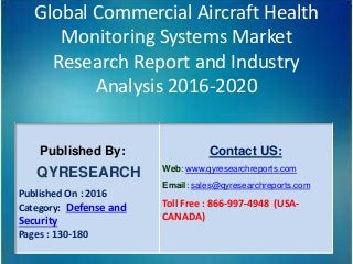 Global Commercial Aircraft Health
Monitoring Systems Market
Research Report and Industry
Analysis 2016-2020
Published By:
QYRESEARCH
Published On : 2016
Category: Defense and
Security
Pages : 130-180
Contact US:
Web: www.qyresearchreports.com
Email: sales@qyresearchreports.com
Toll Free : 866-997-4948 (USA-
CANADA)
 