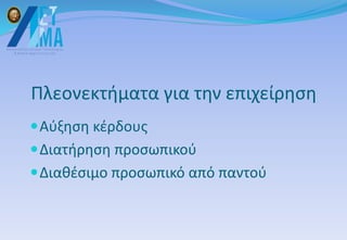 Πλεονεκτήματα για την επιχείρηση
Αύξηση κέρδους
Διατήρηση προσωπικού
Διαθέσιμο προσωπικό από παντού
 