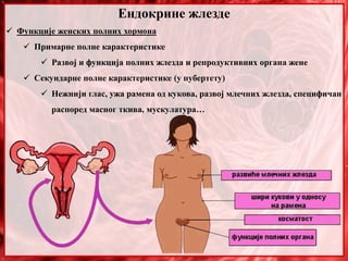 Ендокрине жлезде
 Функције женских полних хормона
 Примарне полне карактеристике
 Развој и функција полних жлезда и репродуктивних органа жене
 Секундарне полне карактеристике (у пубертету)
 Нежнији глас, ужа рамена од кукова, развој млечних жлезда, специфичан
распоред масног ткива, мускулатура…
 