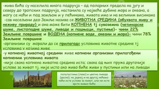 -жива бића су населила многа подручја – од поларних предела на југу и
северу до тропских подручја, настанила су највеће дубине мора и океана, а
могу се наћи и под земљом и у пећинама, живота има и на великим висинама
-сав насељени део Земље назива се ЖИВОТНА СРЕДИНА (обухвата живу и
неживу природу) и она може бити КОПНЕНА tj сувоземна (четинарске
шуме, листопадне шуме, ливаде и пашњаци, пустиње)- чини 22%
Земљине површине и ВОДЕНА (копнене воде, океани и мора)- чини 78%
Земљине површине
-организми су морали да се прилагоде условима животне средине тј
условима у којима живе
-у копненој животној средини живе копнени организми прилагођени
копненим условима живота
-није свака копнена животна средина иста; свака од њих пружа другачије
услове за живот тј. није исто ако живо биће живи у пустињи или на ливади
полупустиња (лево) и цветна ливада
(десно); на једној и на другој нећемо
наћи исте услове за живот, али ни исте
врсте живих бића
 