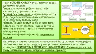 -без обзира у каквим условима живела, жива бића су развила одговарајуће
особине које им омогућавају да у тим условима преживе и те особине
називају се ПРИЛАГОЂЕНОСТИ ИЛИ АДАПТАЦИЈЕ (обухватају: изглед,
грађу, понашање, начин исхране, животне процесе)
-неки УСЛОВИ ЖИВОТА су заједнички за све
сувоземне пределе:
*ваздух је значајно ређи од воде, па је
кретање у тој средини лакше;
*утицај Земљине теже је приметнији него у
води, па је теже кретање оним организмима
који имају већу телесну масу;
*вода није увек доступна, па су жива бића
морала да стекну адаптације да је сачувају;
*сунчево зрачење и промене температуре
већи су него у води;
*веома значајни утицаји имају падавине и
ветрови
 