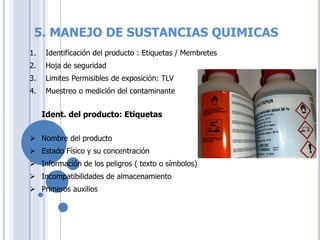 5. MANEJO DE SUSTANCIAS QUIMICAS
1. Identificación del producto : Etiquetas / Membretes
2. Hoja de seguridad
3. Limites Permisibles de exposición: TLV
4. Muestreo o medición del contaminante
Ident. del producto: Etiquetas
 Nombre del producto
 Estado Físico y su concentración
 Información de los peligros ( texto o símbolos)
 Incompatibilidades de almacenamiento
 Primeros auxilios
 