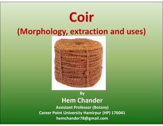 Coir
(Morphology, extraction and uses)
By
Hem Chander
Assistant Professor (Botany)
Career Point University Hamirpur (HP) 176041
hemchander78@gmail.com
 