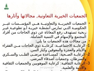 •
‫ر‬ ‫غي‬ ‫سات‬ ‫المؤس‬ ‫ي‬ ‫ه‬ ‫ة‬ ‫والتعاوني‬ ‫ة‬ ‫الخيري‬ ‫الجمعيات‬
‫ر‬ ‫غي‬ ‫ة‬ ‫تطوعي‬ ‫و‬ ‫أ‬ ‫ة‬ ‫خيري‬ ‫ة‬ ‫أنشط‬ ‫تمارس‬ ‫ي‬ ‫الت‬ ‫ة‬ ‫الحكومي‬
‫أفراد‬ ‫من‬ ‫الحاجات‬ ‫ذوي‬ ‫عن‬ ‫المعاناة‬ ‫رفع‬ ‫تستهدف‬ ‫ربحية‬
.‫الشاملة‬ ‫التنمية‬ ‫في‬ ‫واإلسهام‬ ‫المجتمع‬
•
:‫يلي‬ ‫ما‬ ‫الجمعيات‬ ‫هذه‬ ‫مجاالت‬ ‫من‬
1
‫الفقراء‬ ‫ن‬ ‫م‬ ‫الحاجات‬ ‫ذوي‬ ‫ة‬ ‫كرعاي‬ :‫ة‬ ‫االجتماعي‬ ‫ة‬ ‫الرعاي‬ -
.‫السن‬ ‫وكبار‬ ‫والمعوقين‬ ‫والعجزة‬ ‫واأليتام‬
2
‫كري‬ ‫والس‬ ‫ب‬ ‫القل‬ ‫ى‬ ‫مرض‬ ‫اعدة‬ ‫كمس‬ :‫حية‬ ‫الص‬ ‫ة‬ ‫الرعاي‬ -
.‫المرضى‬ ‫أصدقاء‬ ‫وجمعيات‬ ،‫والسرطان‬
3
‫ة‬‫الثقافي‬ ‫والجمعيات‬ ‫ن‬‫الموهوبي‬ ‫ة‬‫كرعاي‬ :‫ة‬‫الثقافي‬ ‫ة‬‫الرعاي‬ -
.‫والعلمية‬ ‫واألدبية‬
‫اإلسالم‬ ‫في‬ ‫االجتماعي‬ ‫النظام‬
50
‫وآثارها‬ ‫مجاالتها‬ ,‫التعاونية‬ ‫الخيرية‬ ‫الجمعيات‬
 