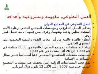 
‫الدولي‬ ‫المجتمع‬ ‫في‬ ‫التطوعي‬ ‫العمل‬
•
‫م‬ ‫األم‬ ‫ة‬ ‫برعاي‬ ‫ي‬ ‫المدن‬ ‫ع‬ ‫المجتم‬ ‫سات‬ ‫ومؤس‬ ‫ي‬ ‫التطوع‬ ‫ل‬ ‫العم‬ ‫ى‬ ‫يحظ‬
‫ر‬ ‫غي‬ ‫ل‬ ‫عم‬ ‫ه‬ ‫بأن‬ :‫ا‬ ‫بله‬ِ‫ق‬ ‫ن‬ ‫م‬ ‫وعرف‬ ،ً‫وتقويما‬ ً‫ودعما‬ ً‫تنظيرا‬ ‫المتحدة‬
.‫ربحي‬
•
‫على‬ ‫المعتمدة‬ ‫والتنمية‬ ‫التقدم‬ ‫معايير‬ ‫أبرز‬ ‫من‬ ‫عالمية‬ ‫ظاهرة‬ ‫التطوع‬
.‫العالمي‬ ‫المستوى‬
•
‫ن‬‫م‬ ‫ة‬‫العالمي‬ ‫ي‬‫المدن‬ ‫ع‬‫المجتم‬ ‫منظمات‬ ‫عدد‬ ‫ازداد‬
6000
‫ي‬‫ف‬ ‫ة‬‫منظم‬
‫عام‬
1990
‫إلى‬
26
‫عام‬ ‫في‬ ‫منظمة‬ ‫ألف‬
1999
.
•
‫مجال‬ ‫ي‬ ‫ف‬ ً‫اسيا‬ ‫أس‬ ً‫العبا‬ ‫ي‬ ‫المدن‬ ‫ع‬ ‫المجتم‬ ‫منظمات‬ ‫بحت‬ ‫أص‬
.‫اإلنمائية‬ ‫المساعدات‬
•
‫ع‬ ‫المجتم‬ ‫منظمات‬ ‫بر‬ ‫ع‬ ‫ت‬ ‫تدفق‬ ‫ي‬ ‫الت‬ ‫ة‬ ‫الدولي‬ ‫اعدات‬ ‫المس‬ ‫م‬ ‫حج‬ ‫غ‬ ‫يبل‬
‫سنة‬ ‫حتى‬ ‫المدني‬
2003
‫األقل‬ ‫على‬ ،
12
.‫أمريكي‬ ‫دوالر‬ ‫بليون‬
‫اإلسالم‬ ‫في‬ ‫االجتماعي‬ ‫النظام‬
54
‫وأهدافه‬ ‫ومشروعيته‬ ‫مفهومه‬ ,‫التطوعي‬ ‫العمل‬
 