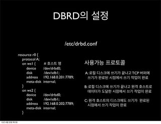 DBRD의 설정
/etc/drbd.conf
resource r0 {
protocol A;
on ws1 { # 호스트 명
device /dev/drbd0;
disk /dev/sdb1;
address 192.168.0.201:7789;
meta-disk internal;
}
on ws2 {
device /dev/drbd0;
disk /dev/sdb1;
address 192.168.0.202:7789;
meta-disk internal;
}
사용가능 프로토콜
A: 로컬 디스크에 쓰기가 끝나고 TCP 버퍼에
쓰기가 완료된 시점에서 쓰기 작업이 완료
B: 로컬 디스크에 쓰기가 끝나고 원격 호스트로
데이터가 도달한 시점에서 쓰기 작업이 완료
C: 원격 호스트의 디스크에도 쓰기가 완료된
시점에서 쓰기 작업이 완료
13년 4월 23일 화요일
 