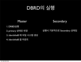 DBRD의 실행
Master
1. DRBD실행
2. primary 상태로 변경
3. /dev/drbd0 에 파일 시스템 생성
4. /dev/drbd0 을 마운트
Secondary
실행시 기본적으로 Secondary 상태임
13년 4월 23일 화요일
 
