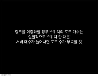 링크를 이중화할 경우 스위치의 포트 개수는
실질적으로 스위치 한 대분
서버 대수가 늘어나면 포트 수가 부족할 것
13년 4월 23일 화요일
 